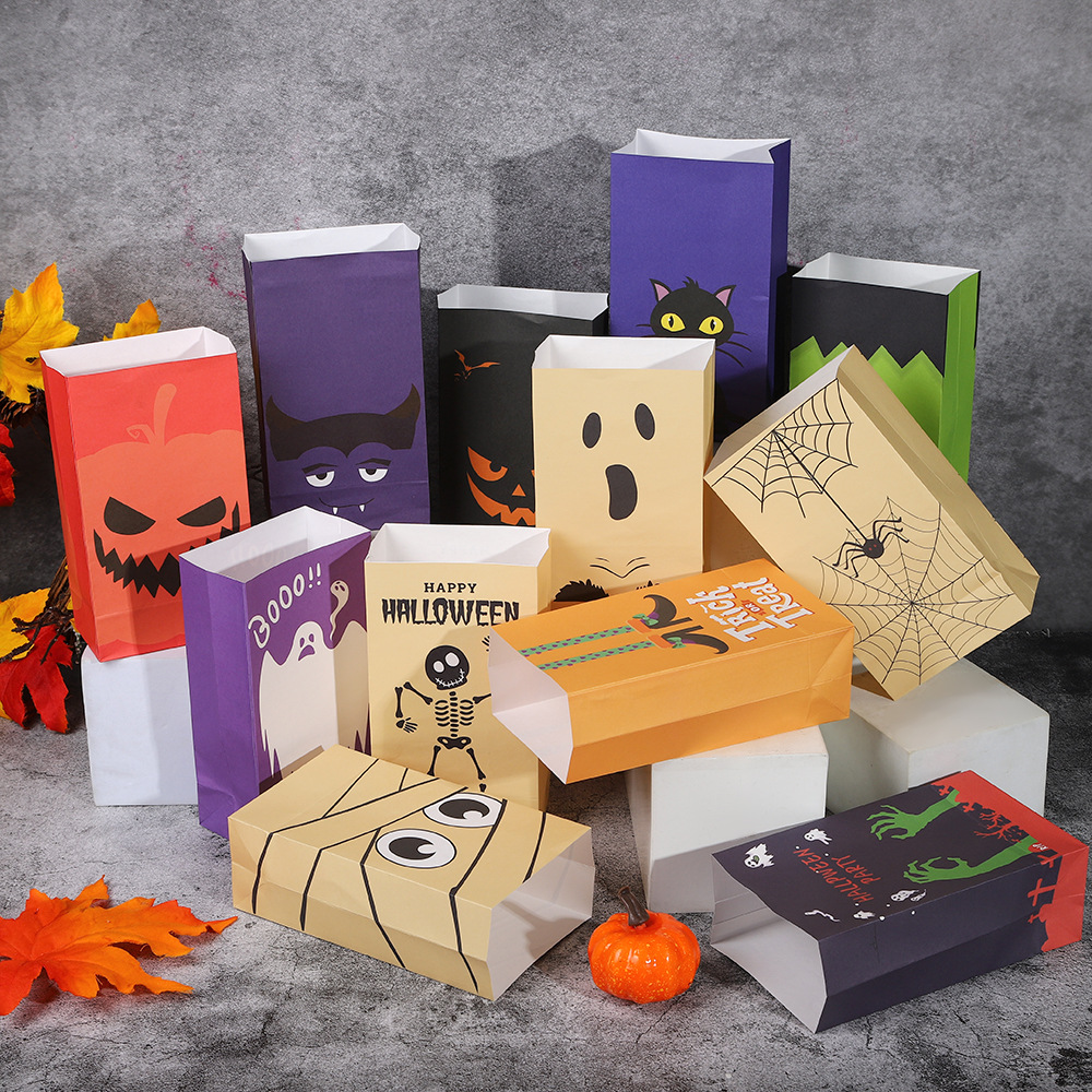 12Pcs Halloween Gift Bags, Castle Pumpkin Printed Cardboard Snack Bags